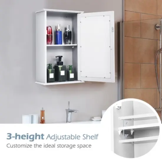 Costway Bathroom Wall Medicine Cabinet Single Mirror Door Cupboard Storage Wood Shelf White image {6}
