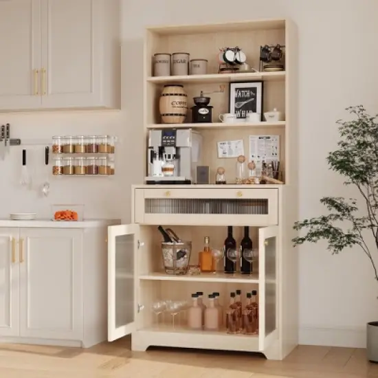 Kitchen Pantry Cabinet, 62-Inch Freestanding Storage Cupboard with 5-Tier Shelf, Drawer,2 Glass Doors & Adjustable Shelves image {4}