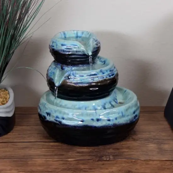 Sunnydaze Indoor Home Decorative Glazed Ceramic 3-Tiered Modern Textured Bowls Tabletop Water Fountain - 7" image {1}