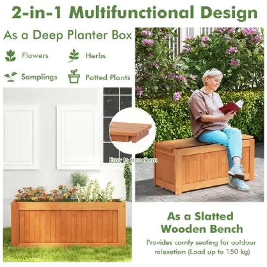 Tangkula Hardwood Outdoor Planter Box w/ Seat 2-in-1 Wooden Raised Garden Bed & Bench image {3}