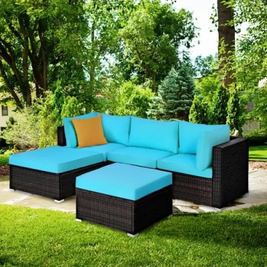 Tangkula 5PCS Cushioned Rattan Patio Conversation Set Outdoor Furniture Set w/ Ottoman image {1}