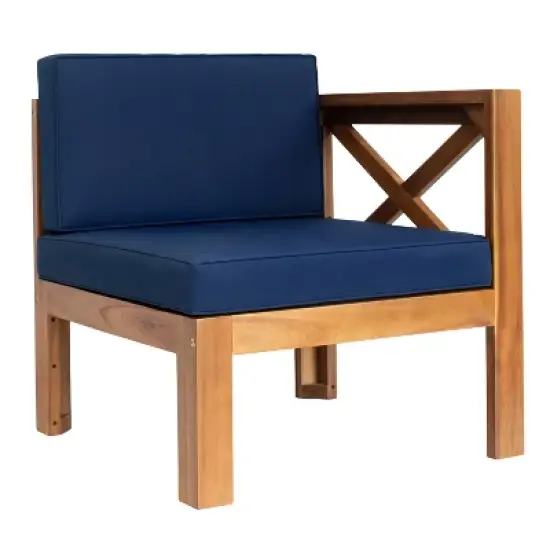 FIONECA Outdoor 5-Piece Wooden Sectional Sofa Set, Patio Backyard Seating Group with Cushions, Natural Wood Finish + Blue Cushions image {11}