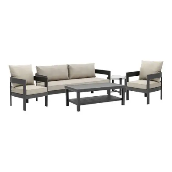 Greemotion 5pc Lotus Metal Frame Outdoor Patio Conversation Furniture Sets with Ceramic Top Side Table Black: Aluminized Finish image {10}