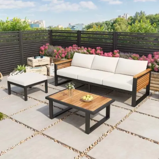 3 PCS Outdoor Sofa Set, 3-Seater Sofa Set with Table and Ottoman, Acacia Wood Sofa with Metal Frame and Polyester Cushion-Coolbibila image {2}