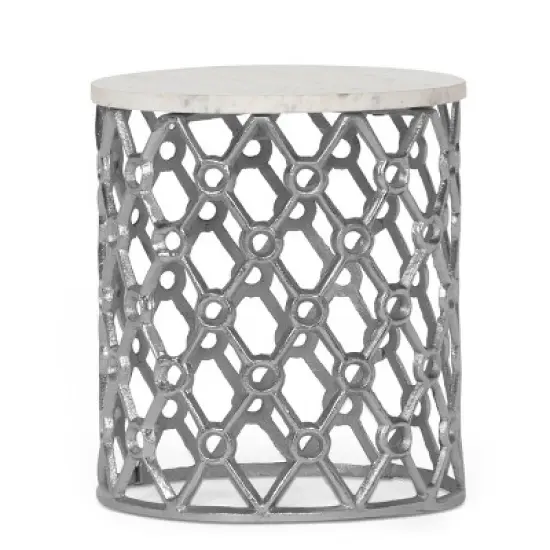Lenhart Modern Glam Handcrafted Marble Top Aluminum Side Table Nickel/White - Christopher Knight Home image {1}