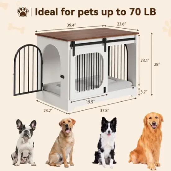 Dog Crate Furniture, 39.4" Dog Kennel for Dogs Up to 70 Lb, with Bed Mat, Heavy-Duty Dog Cage End Table, Three Doors Dog House, White image {4}