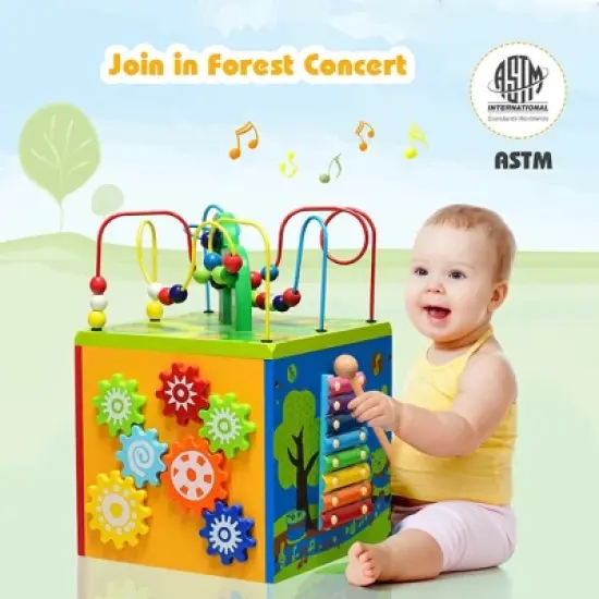 Costway 5-in-1 Wooden Activity Cube Toy Educational Learning Bead Maze w/ Rotatable Base image {8}