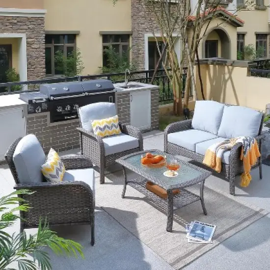 XIZZI Outdoor Wicker Sofa Set with Optional Swivel Chairs, 3.5" Cushions 5 Colors (Gray, Black, Navy, etc.), All-Weather Rattan, Modular 2-7 Pieces image {7}