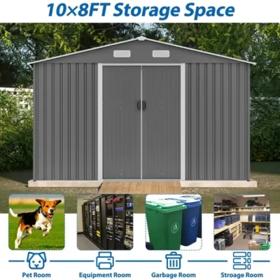10X8 FT Outdoor Storage Shed, Metal Foundation & Lockable Doors, Tool Shed for Garden, Patio, Backyard, Lawn, Grey image {3}