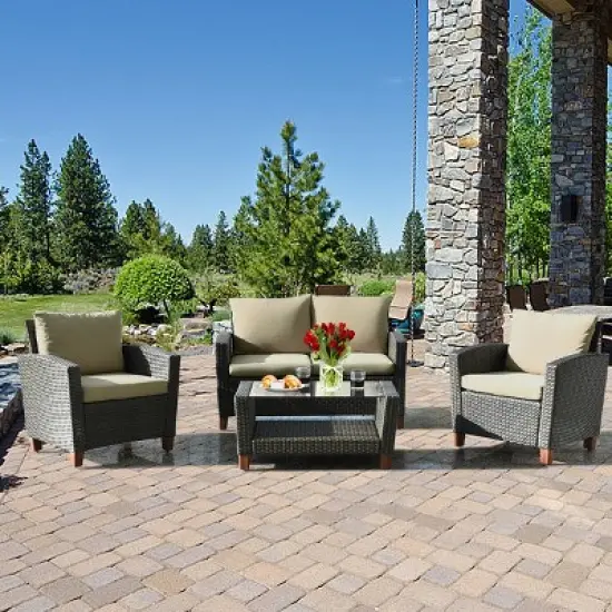 Tangkula 4PCS Cushioned Rattan Conversation Set w/ Coffee Table Patio Outdoor image {1}
