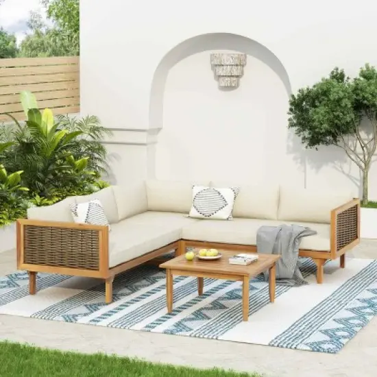 Outdoor Sectional Sofa Set with Table, Modular Corner Design Sofa for Patio Use, Acacia Wood Frame Sofa with Polyester Cushions-Coolbibila image {8}