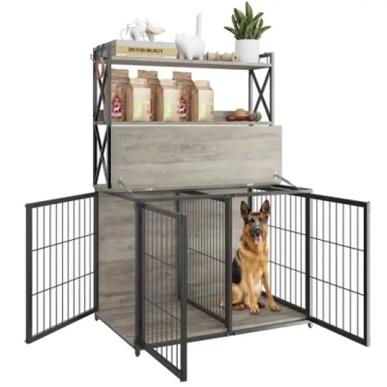 42.5 Inch Dog Crate with Storage Shelves, Large Wooden Dog Kennel End Table with Flip Top, Movable Divider, 3 Doors, Indoor Dog Cage image {8}