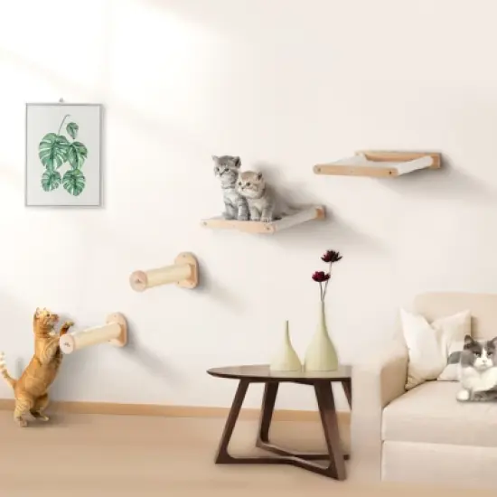 VEVOR Wall Mounted Cat Shelves, Cat Wall Shelves and Perches with Jumping Posts & Hammocks, Cat Furniture Set up to 40 lbs, Beige image {1}