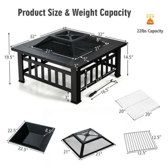 Costway 32'' 3 in 1 Outdoor Square Fire Pit Table W/ BBQ Grill, Rain Cover for Camping image {3}