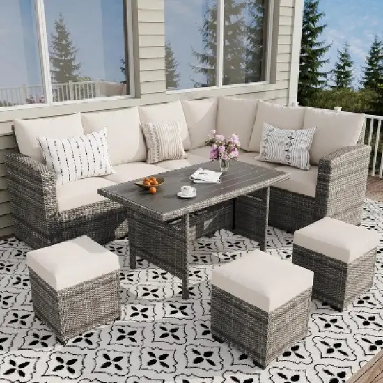 7-Piece Outdoor Patio Furniture Set &ndash; Rattan Chairs with Ottoman & Wood Coffee Table, Wicker Sectional Conversation Sofa in Beige image {2}
