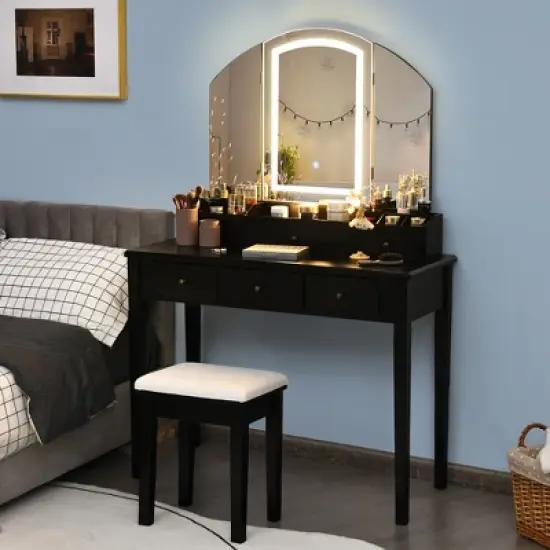 Costway Vanity Table Stool Set Large Tri-folding Lighted Mirror 6 Drawer Dresser White\Black image {8}