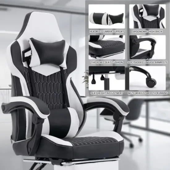 Gaming Chair with Footrest, High Back Gaming Chairs PVC Leather Ergonomic Office Gamer Chair Headrest Lumbar Support Racing Style Video Gaming Chair image {3}