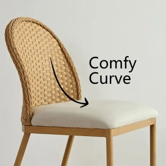 Rattan Dining Room Chair, Linen Dining Chair with Double Layer Rattan Back, Cane Dining Chair with Metal Legs - Maison Boucle image {5}