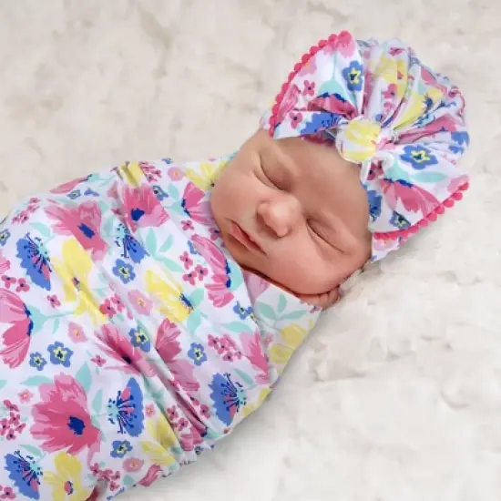 Baby Essentials Floral Swaddle Blanket and Turban Set image {2}