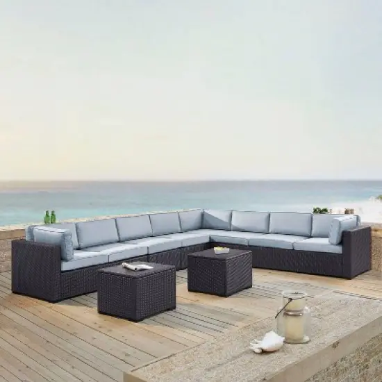 Biscayne 7pc Outdoor Wicker Sectional Set with 2 Coffee Tables - Sangria - Crosley image {1}