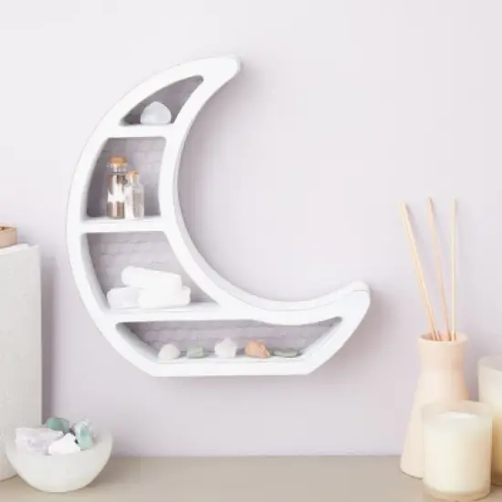 Farmlyn Creek Small Wooden Crescent Moon Wall Shelf for Crystals & Essential Oils, Rustic Home Wall Decor for Nursery, White, 10.7 x 11.2 x 2 In image {2}