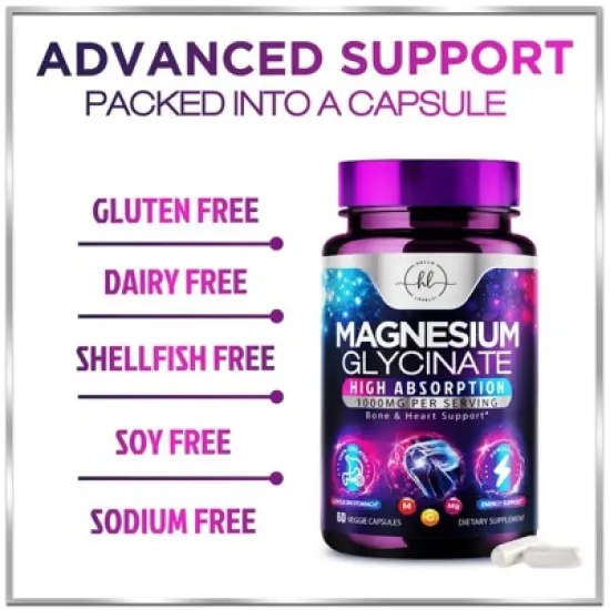 Magnesium Glycinate - 1000mg High Absorption Chelated Magnesium Supplement for Sleep, Muscle, Nerve & Heart Support - 60 Capsules By Hello Lovely! image {6}