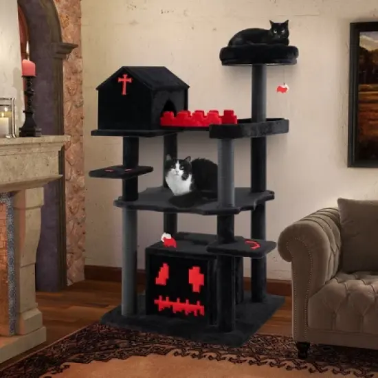 Tangkula Gothic Cat Tree 49" Tall Cat Tower w/ Coffin Bed & 2 Condos & Cozy Perch image {1}