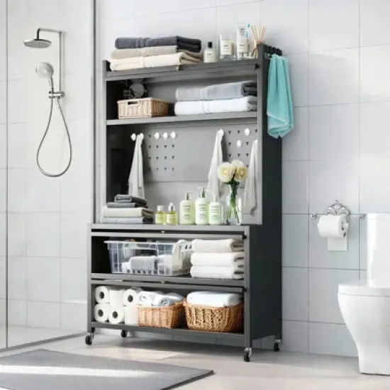 Gulches 64" Kitchen Pantry Storage Cabinet, 5-Tier Metal Bakers Rack with Wheels, Transparent Flip Doors & DIY Hole Board, Gray image {1}