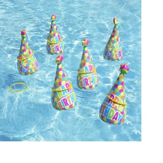 Pool Master 17" Inflatable "Happy Birthday" Party Hat Ring Toss Swimming Pool Game 6pc - Yellow/Blue image {1}