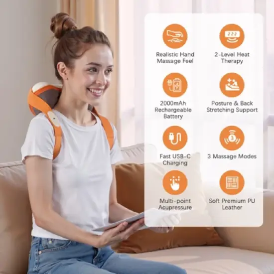 Shiatsu Neck Massager with Heat - Ergonomic Heart-Shaped Deep Kneading Massage Pillow, USB-C Rechargeable, Portable for Neck, Shoulders & Back image {3}