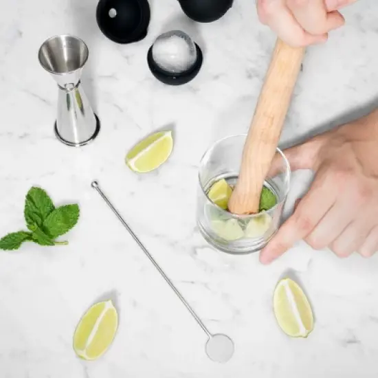 Viski Muddled Cocktail Barware Tool Set, 2 lead-free Crystal Tumblers, 2 Ice Molds, Double Jigger, Wooden Muddler, Stir Stick 7-Piece set, Multicolor image {3}