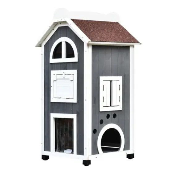 PawHut 43"H Wooden Cat House Feral Cat Shelter Outdoor Kitten Condo 3-Floor Pet Habitat with Asphalt Roof, Escape Doors, Inside Stairs, gray and White image {3}