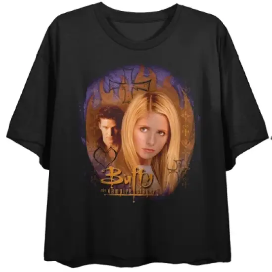 Buffy The Vampire Slayer Angel & Buffy Key Art Crew Neck Short Sleeve Women's Black Crop T-shirt image {4}