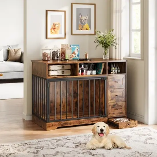 48" Dog Crate Furniture, Farmhouse Dog Kennel Furniture with Dog Bowl & 3 Storage Drawers, Heavy Duty Dog Cage End Table for Medium Small Dogs image {5}