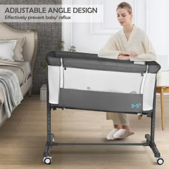 Kinder King Baby Folding Bassinet w/Wheels,Portable Newborn Bedside Sleeper All-Sided Mesh Infant Crib Removable Soft Mattress image {2}