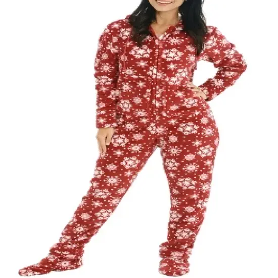 Women's Warm Fleece One Piece Hooded Footed Zipper Pajamas, Soft Adult Onesie Footie with Hood for Winter image {7}