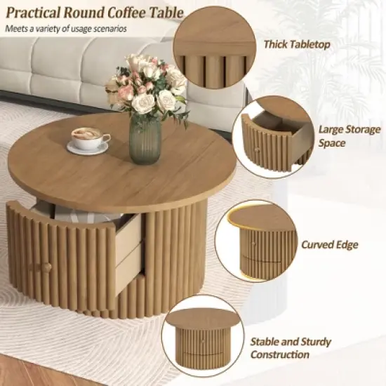 Round Coffee Table with Storage, 30.5" Wooden Center Table with Drawer, Accent Cocktail End Table for Living Room Bedroom Office image {4}