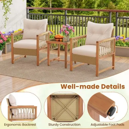 Costway 3 PCS Patio Furniture Set Outdoor PE Wicker Conversation Bistro Set image {7}