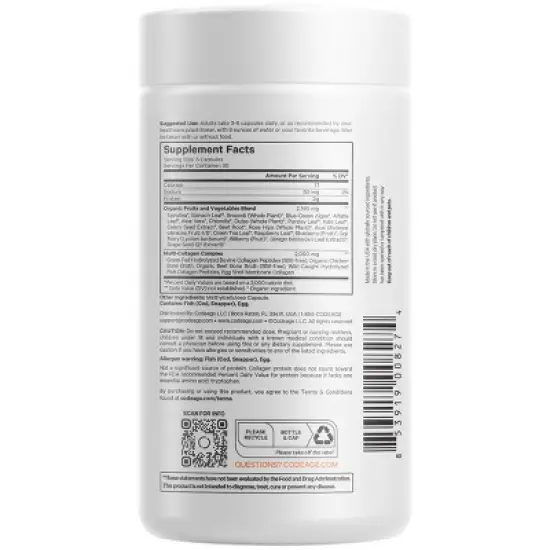 Codeage Multi Collagen Peptides Raw Greens, Hydrolyzed Collagen Protein, 21 Organic Fruits, Vegetables - 180ct image {1}