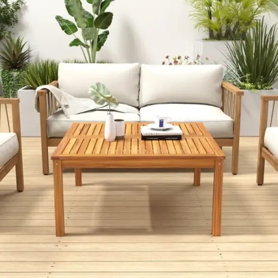 Tangkula Outdoor Coffee Table w/ Slatted Tabletop Small Outside Table Square Patio Table image {3}