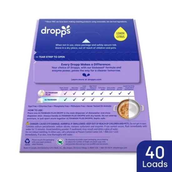 Dropps Dish UltraWash Plus Biobased Detergent Pods - Lemon Citrus - 40ct image {9}