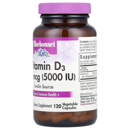Bluebonnet Nutrition Vitamin D3, 125 mcg (5,000 IU), 120 Vegetable Capsules image {2}