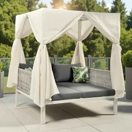 Outdoor Patio Rattan Canopy Daybed Sunbed with Curtain and Woven Rope Arm image {18}