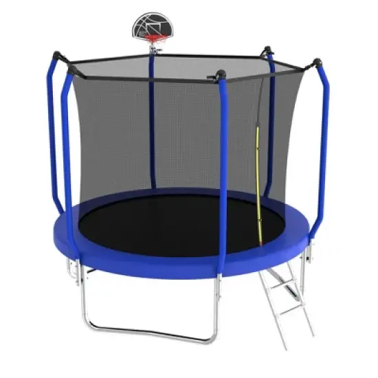 Whisen Kids&rsquo; Trampoline with Safety Enclosure Net, Foam Padded Poles, W-Shaped Legs,  Ladder and Basketball Hoop - Blue image {7}