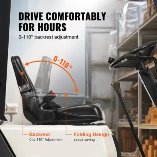 VEVOR Universal Forklift Seat, Fold Down Tractor Seat with Adjustable Angle Back, Micro Switch and Retractable Seatbelt, 6.3-13.4 inch Slot, Black image {3}