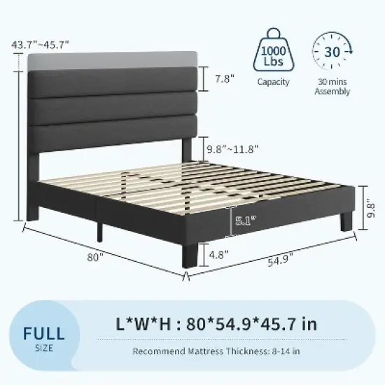 Full/ Queen/ King Bed Frame with Adjustable Headboard, Fabric Upholstered and Wooden Slats Support, Heavy Duty Mattress Foundation image {1}