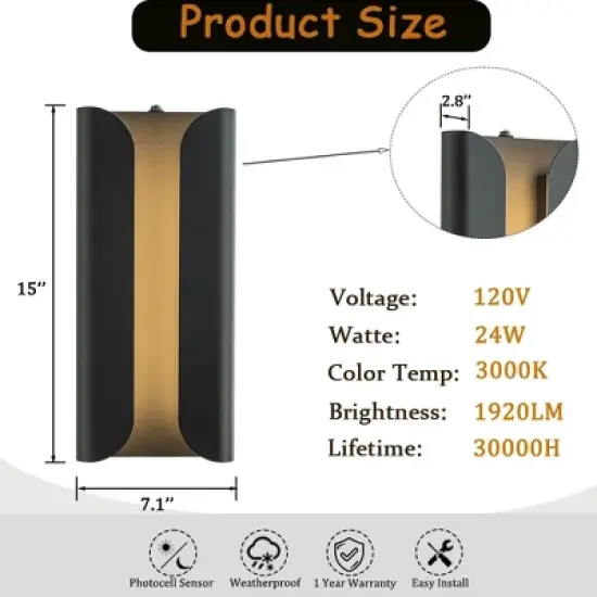ALOADECOR H15" Matte Black Integrated LED a Wall Sconce with Acrylic Shade Modern Outdoor Wall Light with Dusk to Dawn Sensor for Garage (2 Pack) image {3}