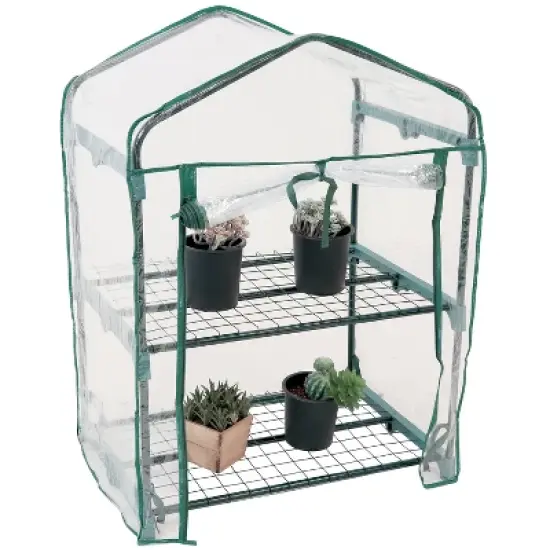 Sunnydaze Outdoor Portable Growing Rack 2-Tier Greenhouse with PVC Roll-Up Door - 2 Shelves - Clear image {9}