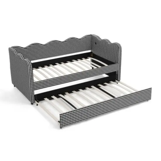 Lycvki Gingham Sofa with Trundle Twin Size Bed Frame No Mattress image {1}