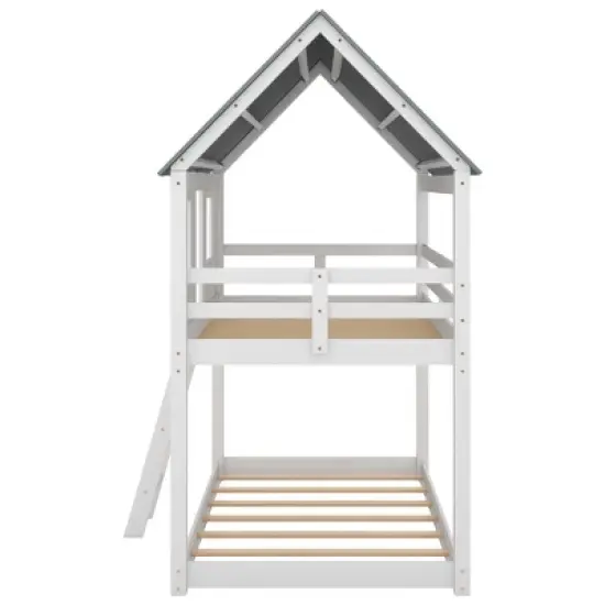 Twin over Twin Low Bunk Beds with House Shaped Roof and Guardrail, White-ModernLuxe image {7}